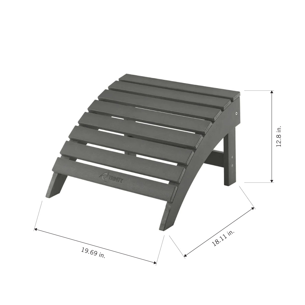 A dark gray, slatted Adirondack-style ottoman by Trinity features a curved, sloping top designed for foot comfort. The image includes dimension markings showing it is 19.69 inches wide, 18.11 inches deep, and 12.8 inches high.