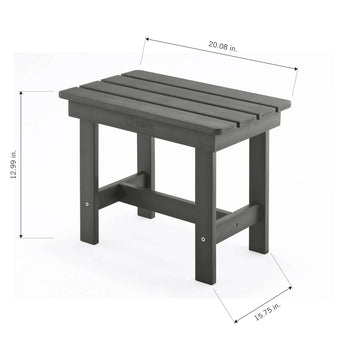 A dark gray, slatted outdoor side table is shown with its dimensions. The table is 20.08 inches wide, 12.99 inches tall, and 15.75 inches deep.