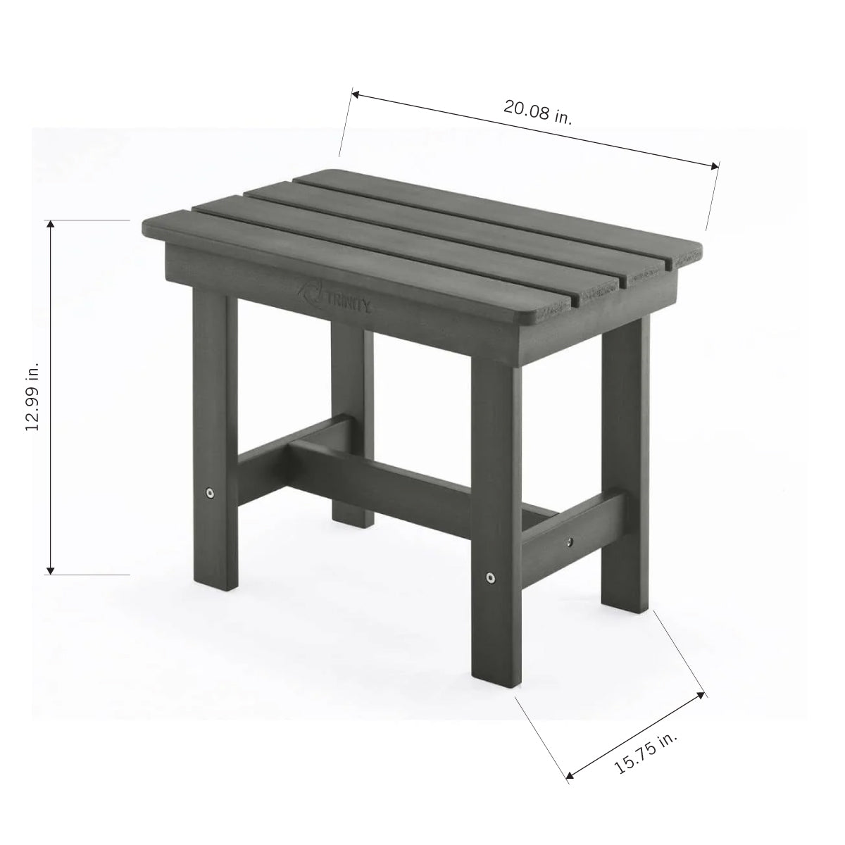 A dark gray, slatted outdoor side table is shown with its dimensions. The table is 20.08 inches wide, 12.99 inches tall, and 15.75 inches deep.