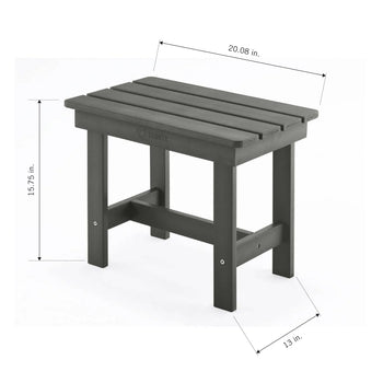 A dark gray rectangular outdoor side table with a slatted top and a sturdy four-legged base. Technical diagrams indicate its dimensions as 20.08 inches wide, 15.75 inches high, and 13 inches deep.