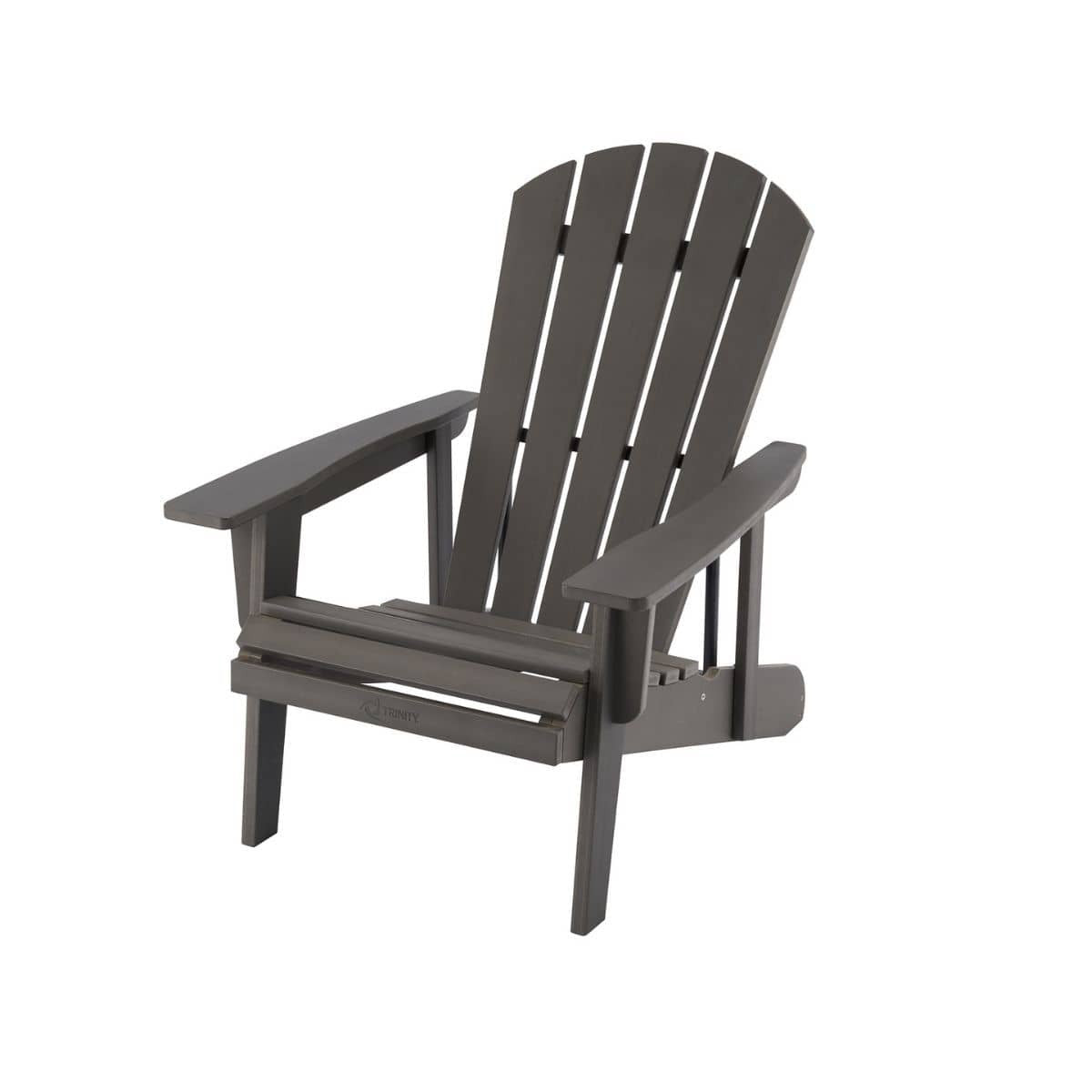 A gray Adirondack chair sits at a slight angle against a white background. The chair features a curved, slatted back, wide armrests, and a low, angled seat typical of this style.