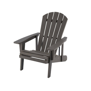 A gray Adirondack chair sits at a slight angle against a white background. The chair features a curved, slatted back, wide armrests, and a low, angled seat typical of this style.