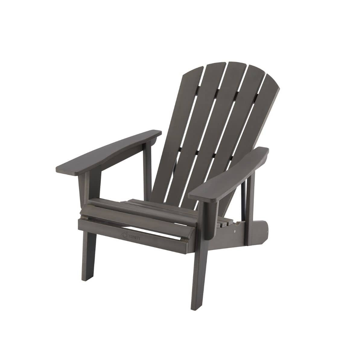 A dark gray Adirondack chair sits at a slight angle on a white background. The chair features a curved, slatted back, wide armrests, and a low, slanted seat.