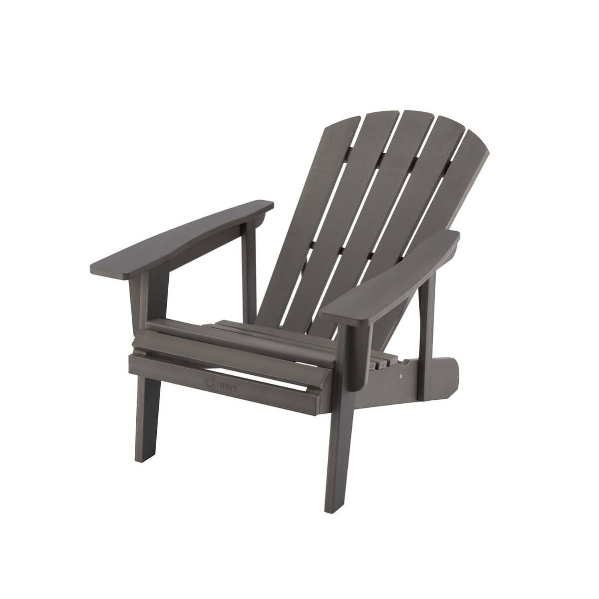 A gray Adirondack chair with a curved back and wide armrests is angled slightly to the left against a white background. The chair is made of horizontal slats and has four sturdy legs.