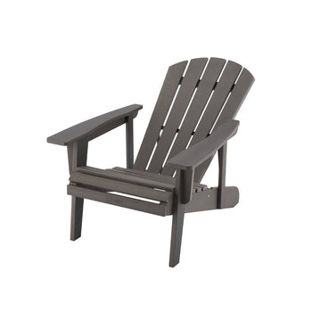 A gray Adirondack chair with a curved back and wide armrests is angled slightly to the left against a white background. The chair is made of horizontal slats and has four sturdy legs.