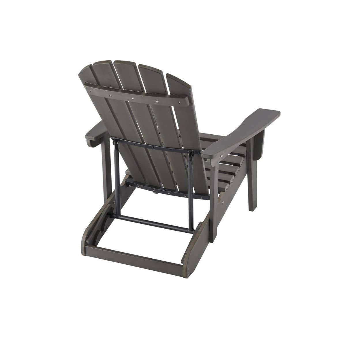 A dark gray Trinity EcoStorage Reclining Adirondack Chair is shown from a rear, slightly elevated perspective. The chair features a slatted back and seat, wide armrests, and a reclining mechanism with black metal supports.
