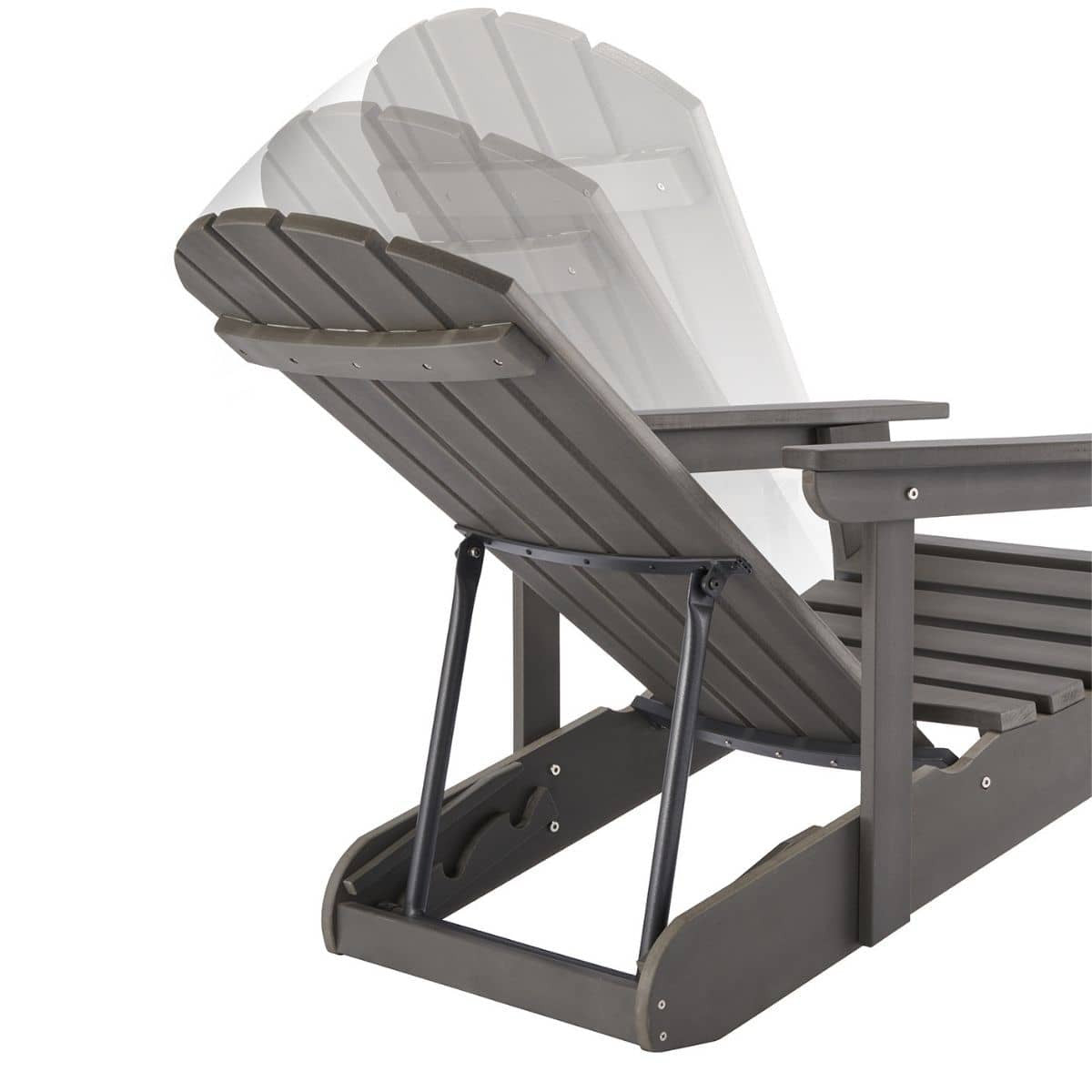 A gray Trinity EcoStorage Reclining Adirondack Chair, viewed from the back. The chair's reclining feature is illustrated with a translucent overlay showing an alternate, more reclined position.