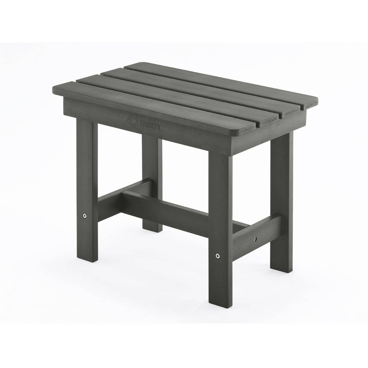 A close-up shot shows a single, small, slate gray outdoor stool with a simple design. The stool features a rectangular top made of four horizontal slats and four sturdy, straight legs connected by side supports.