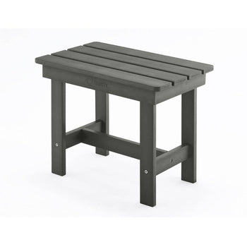 A close-up shot shows a single, small, slate gray outdoor stool with a simple design. The stool features a rectangular top made of four horizontal slats and four sturdy, straight legs connected by side supports.