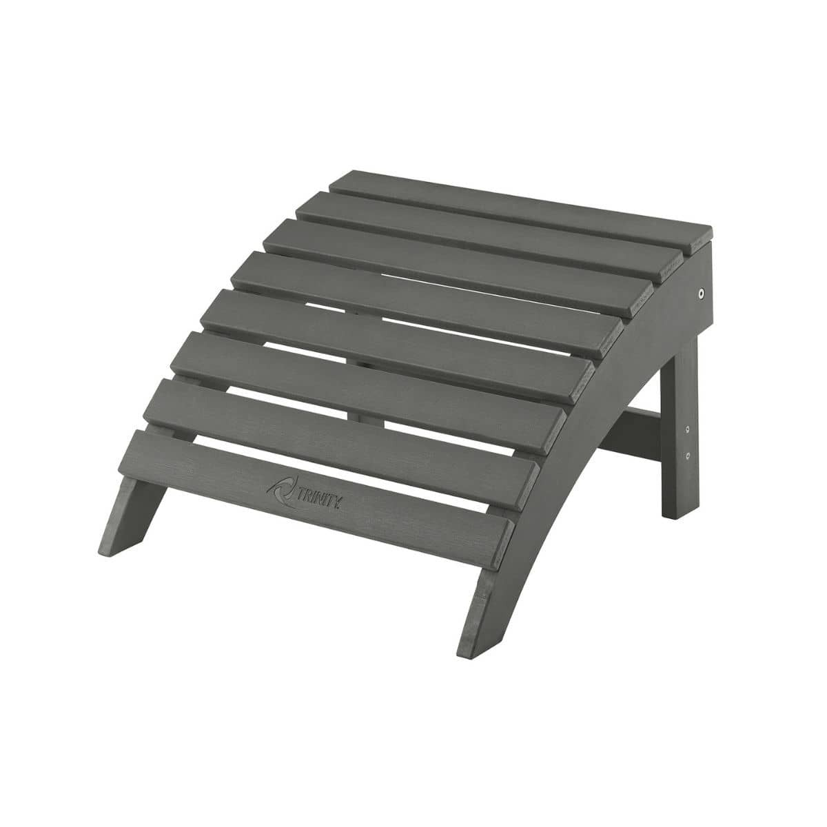A gray outdoor footrest made of horizontal slats is angled upwards, resting on four sturdy legs. The footrest features a subtle logo on one of the lower slats and appears to be made of a durable, weather-resistant material.