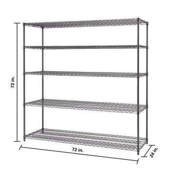 A wire shelving unit is shown with five shelves. The dimensions are 72 inches high by 72 inches wide by 24 inches deep.