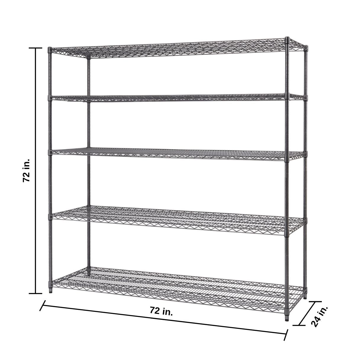 A wire shelving unit is shown with five shelves. The dimensions are 72 inches high by 72 inches wide by 24 inches deep.