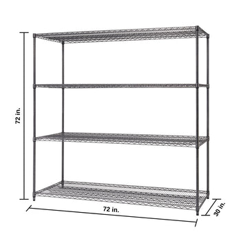 A bl, four-tiered wire shelving unit is shown with its dimensions. The unit is 72 inches high, 72 inches wide, and 30 inches deep.ck