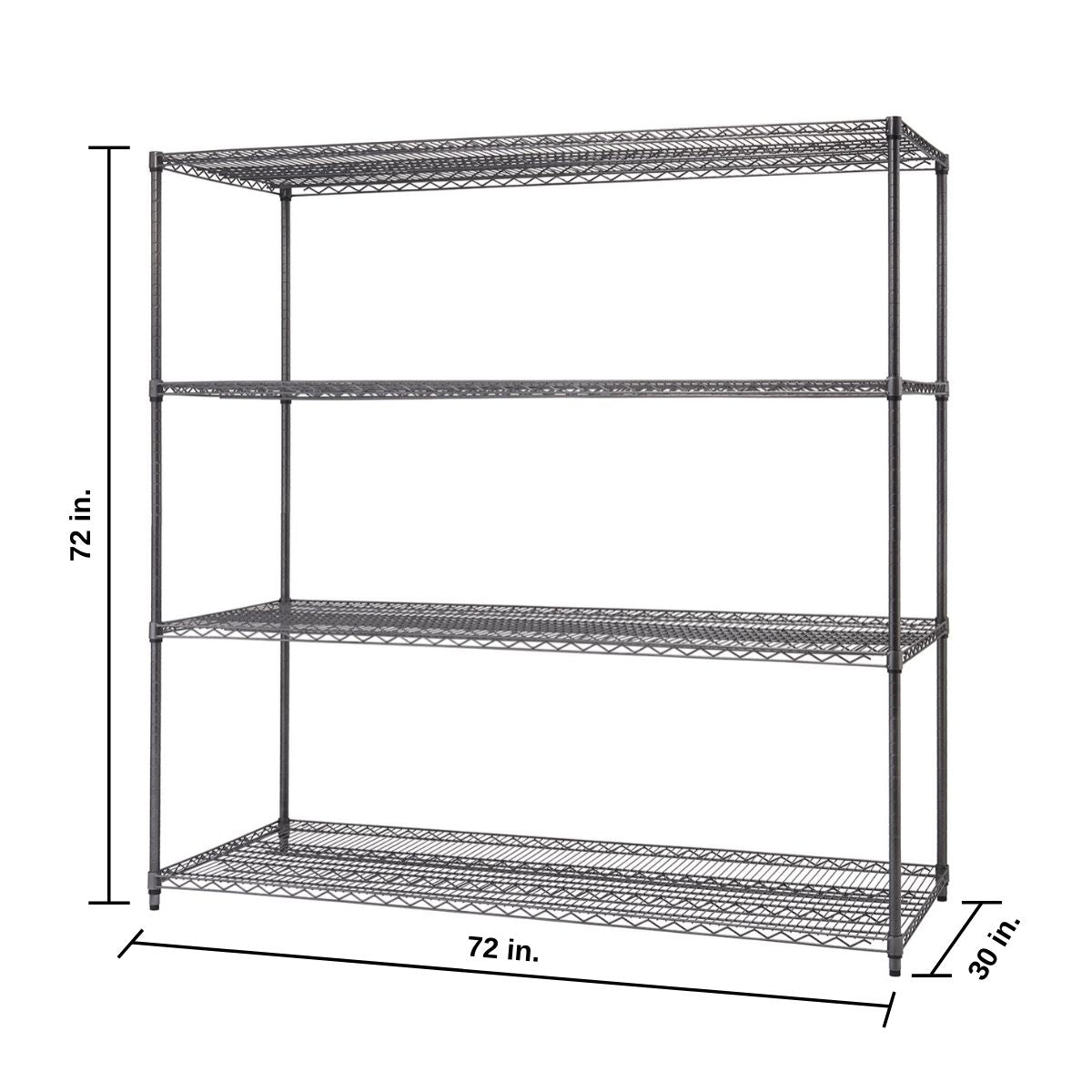 A bl, four-tiered wire shelving unit is shown with its dimensions. The unit is 72 inches high, 72 inches wide, and 30 inches deep.ck
