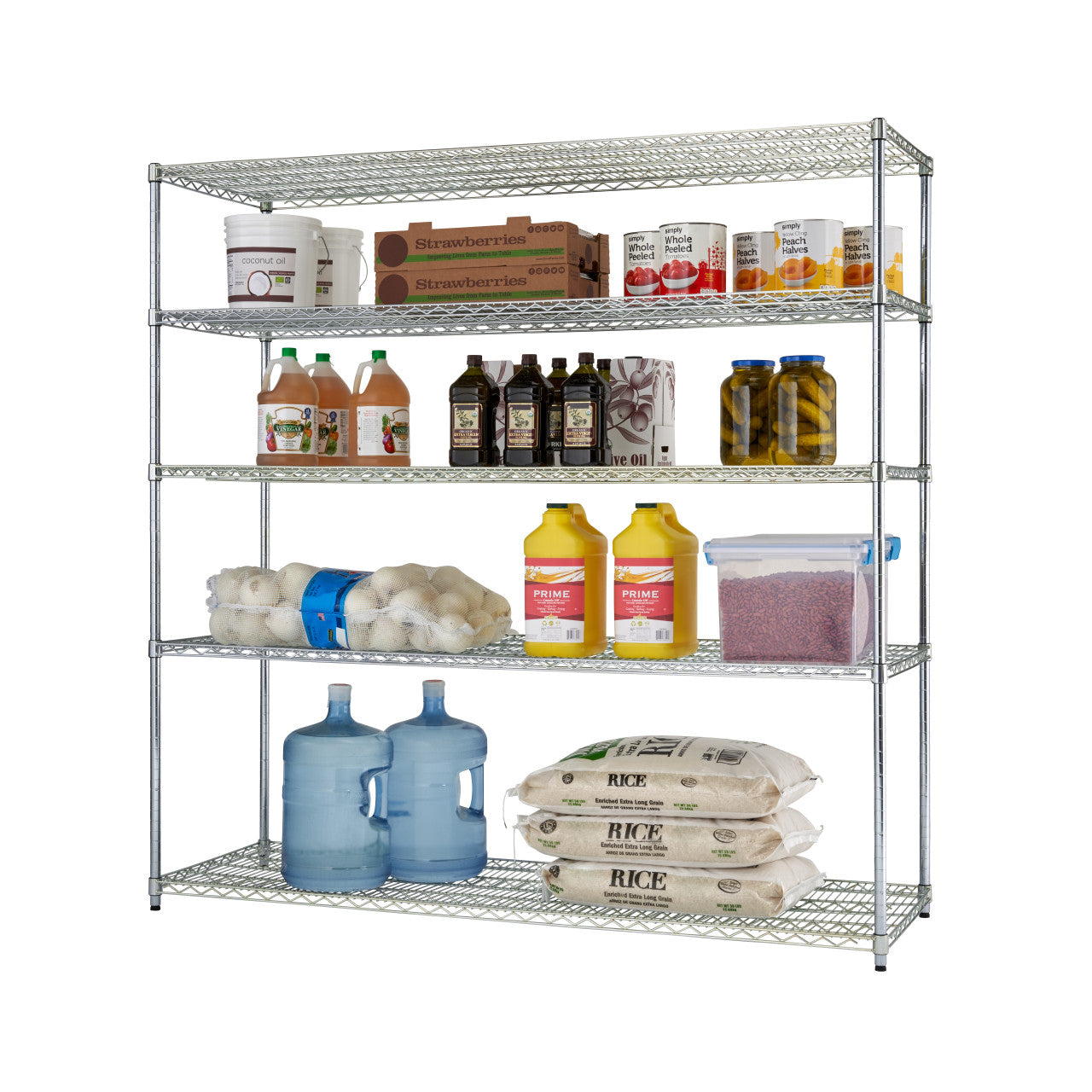 A five-tier extra large chrome wire shelving unit for commercial kitchen use, stocked with various food items and household supplies. The shelves hold items such as bottled beverages, canned goods, bags of rice, large water jugs, and containers of food.