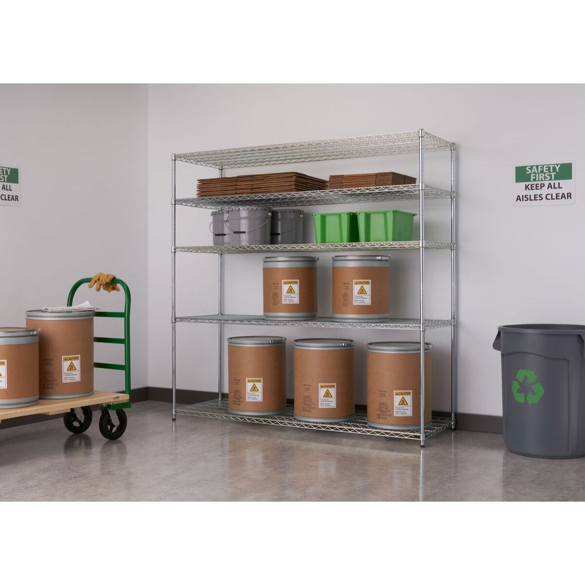 A Trinity EcoStorage 5-Tier Wire Shelving Rack is displayed, holding various items like boxes, buckets, and containers. The rack is situated in what appears to be a storage area or warehouse.
