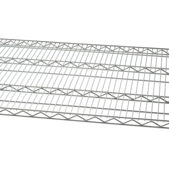 A close-up shows a section of a 72 inches wide by 24 inches deep chrome wire shelving rack. The grid pattern of the wires creates a sense of organization and utility.