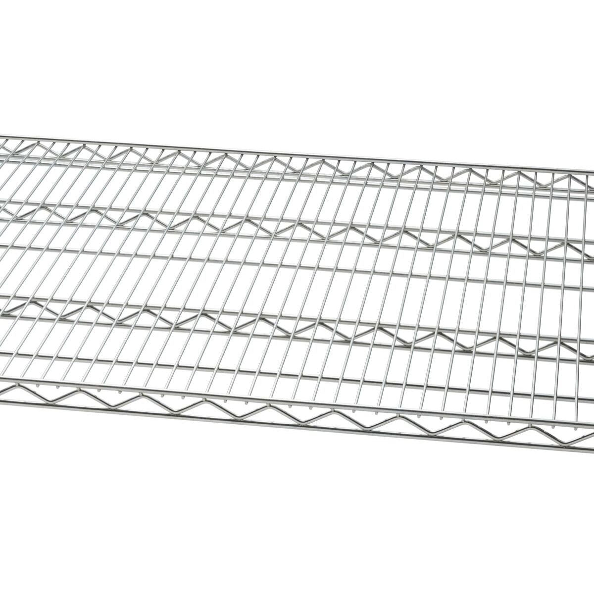 A close-up shows a section of a 72 inches wide by 24 inches deep chrome wire shelving rack. The grid pattern of the wires creates a sense of organization and utility.