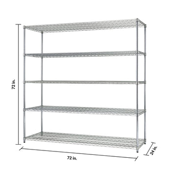 A five-tier chrome wire shelving unit is shown against a white background. The dimensions are indicated with arrows, showing a height of 72 inches, a width of 72 inches, and a depth of 24 inches.