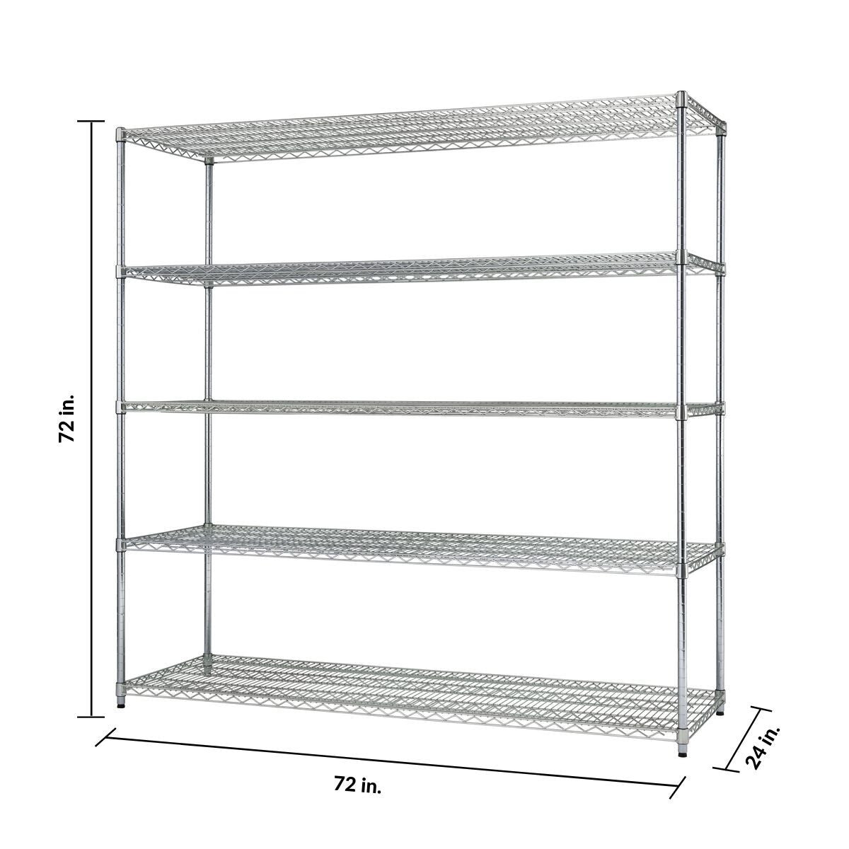 A five-tier chrome wire shelving unit is shown against a white background. The dimensions are indicated with arrows, showing a height of 72 inches, a width of 72 inches, and a depth of 24 inches.