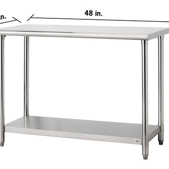 A stainless steel work table with a lower shelf and four adjustable legs, showing dimensions of 48 inches in length, 24 inches in depth, and 34.75 inches in height. The table features a smooth, polished top surface and an NSF certification mark on the bottom right corner.