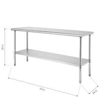 A high-quality product photo of a stainless steel work table with two tiers. The dimensions are noted with arrows: the height is 35 inches, the length is 72 inches, and the width is 24 inches.