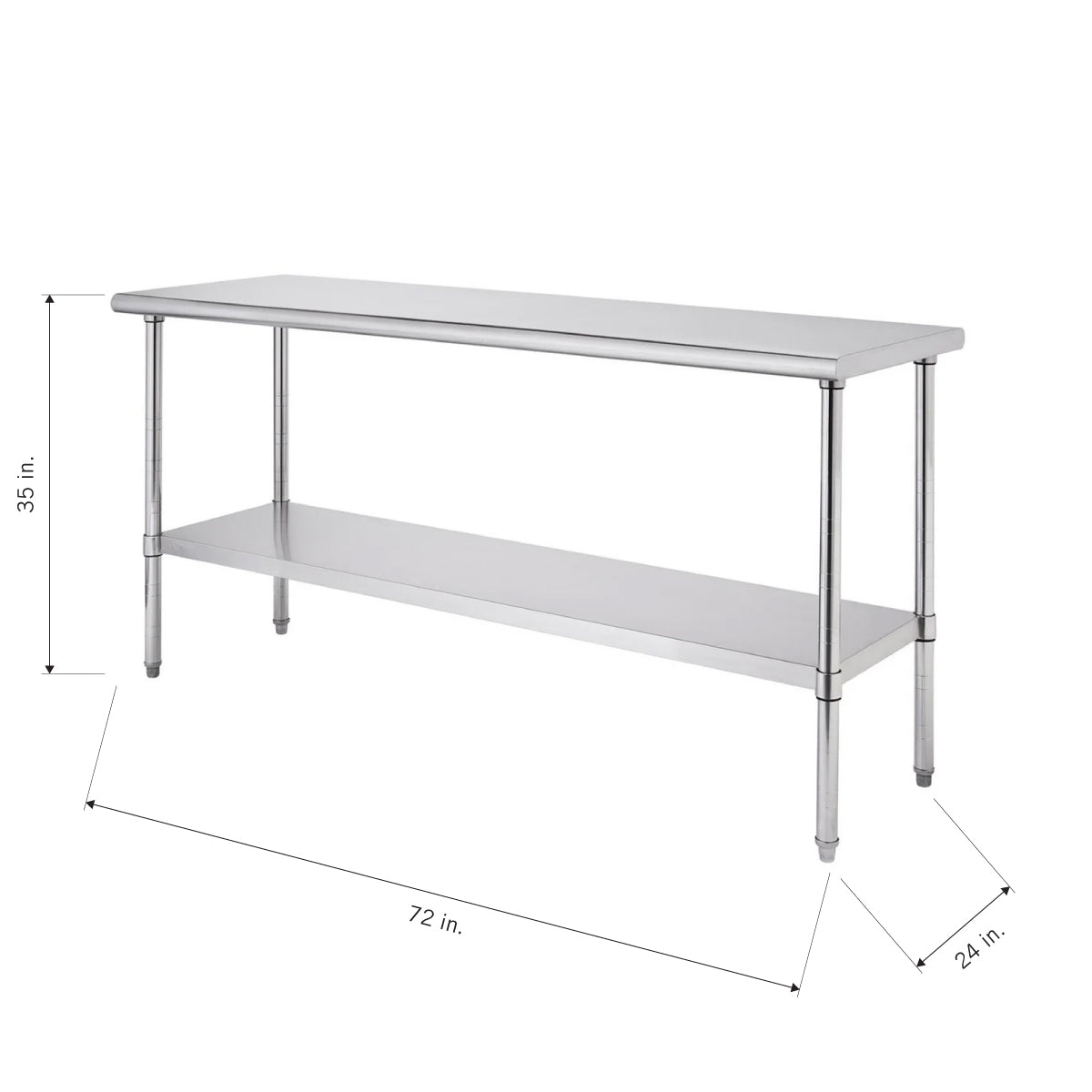 A high-quality product photo of a stainless steel work table with two tiers. The dimensions are noted with arrows: the height is 35 inches, the length is 72 inches, and the width is 24 inches.