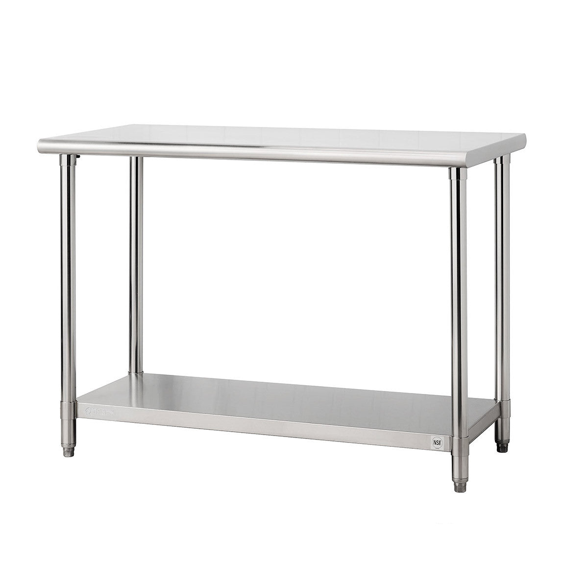A stainless steel utility table with a rectangular top and four cylindrical legs is shown against a white background. The table also features a lower shelf for storage with trinity logo on the left side.