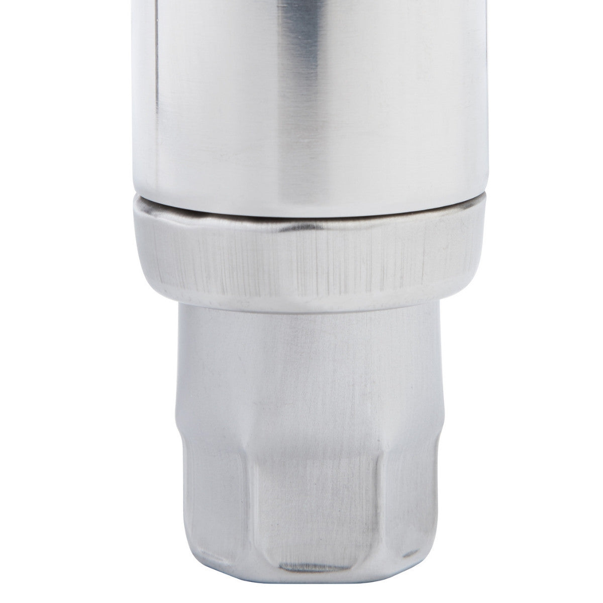 Close-up view of a adjustable stainless steel feet leveler. The cylindrical object has a stepped design with slightly different diameters and a smooth, metallic surface reflecting light.