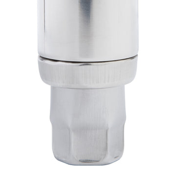 Close-up view of a adjustable stainless steel feet leveler. The cylindrical object has a stepped design with slightly different diameters and a smooth, metallic surface reflecting light.