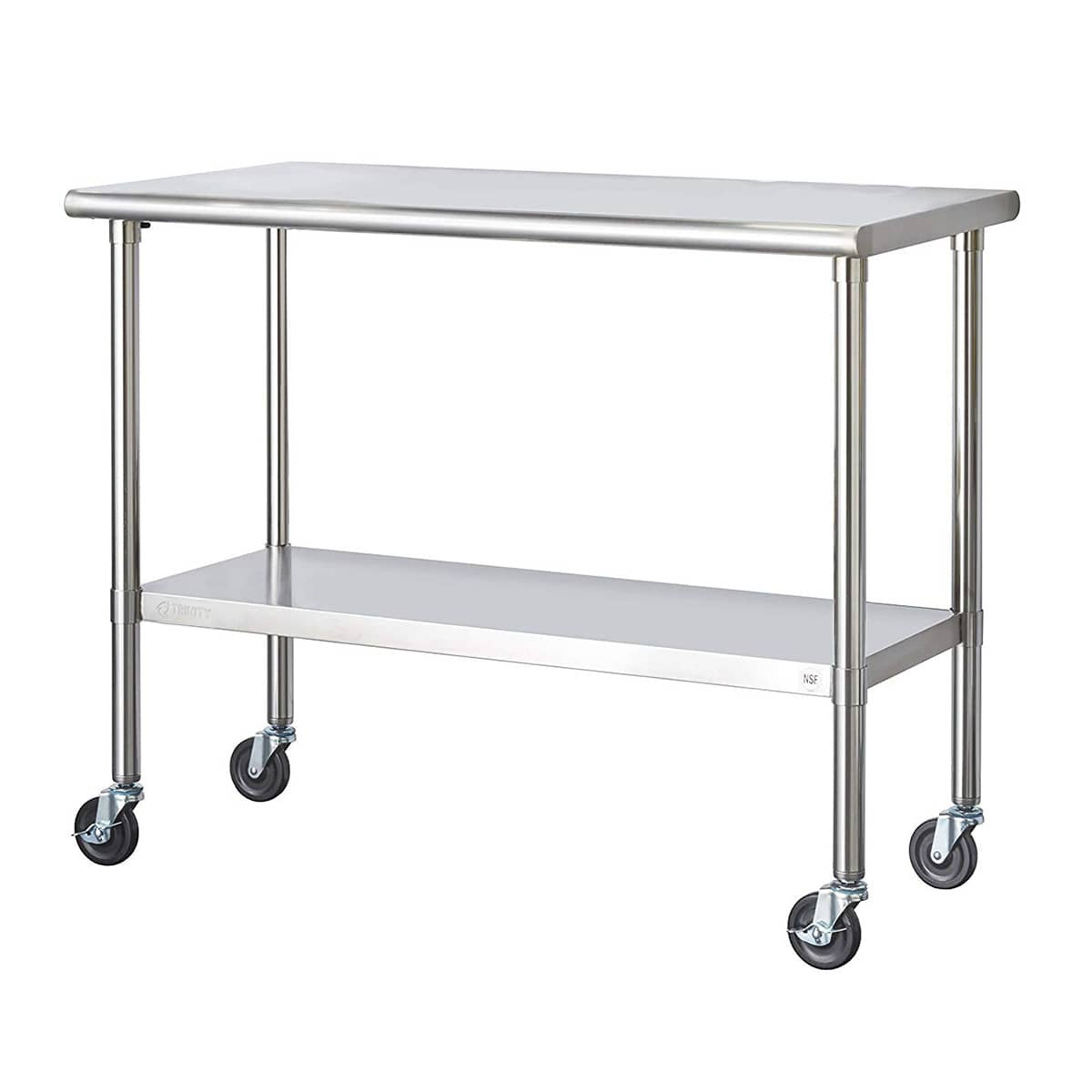 A stainless steel utility table with a lower shelf and four caster wheels for mobility. The table has a smooth top surface and is designed for use in industrial or commercial settings.