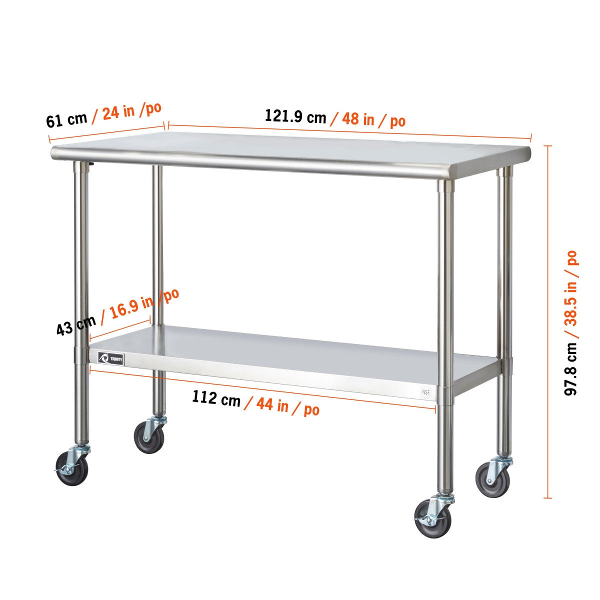 A stainless steel prep table with four wheels is shown against a white background. The table is measuring 48 inches wide by 24 inches deep by 38.5 inches in height.