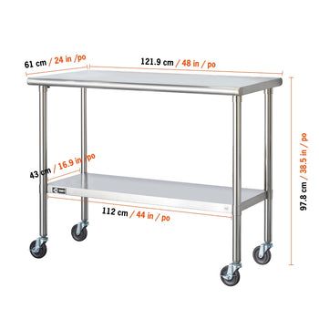 A stainless steel prep table with four wheels is shown against a white background. The table is measuring 48 inches wide by 24 inches deep by 38.5 inches in height.
