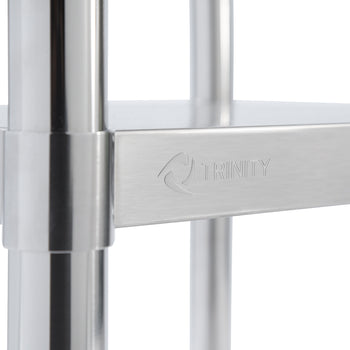 A close-up shot shows the stainless steel leg and shelf support of a Trinity EcoStorage table. The 