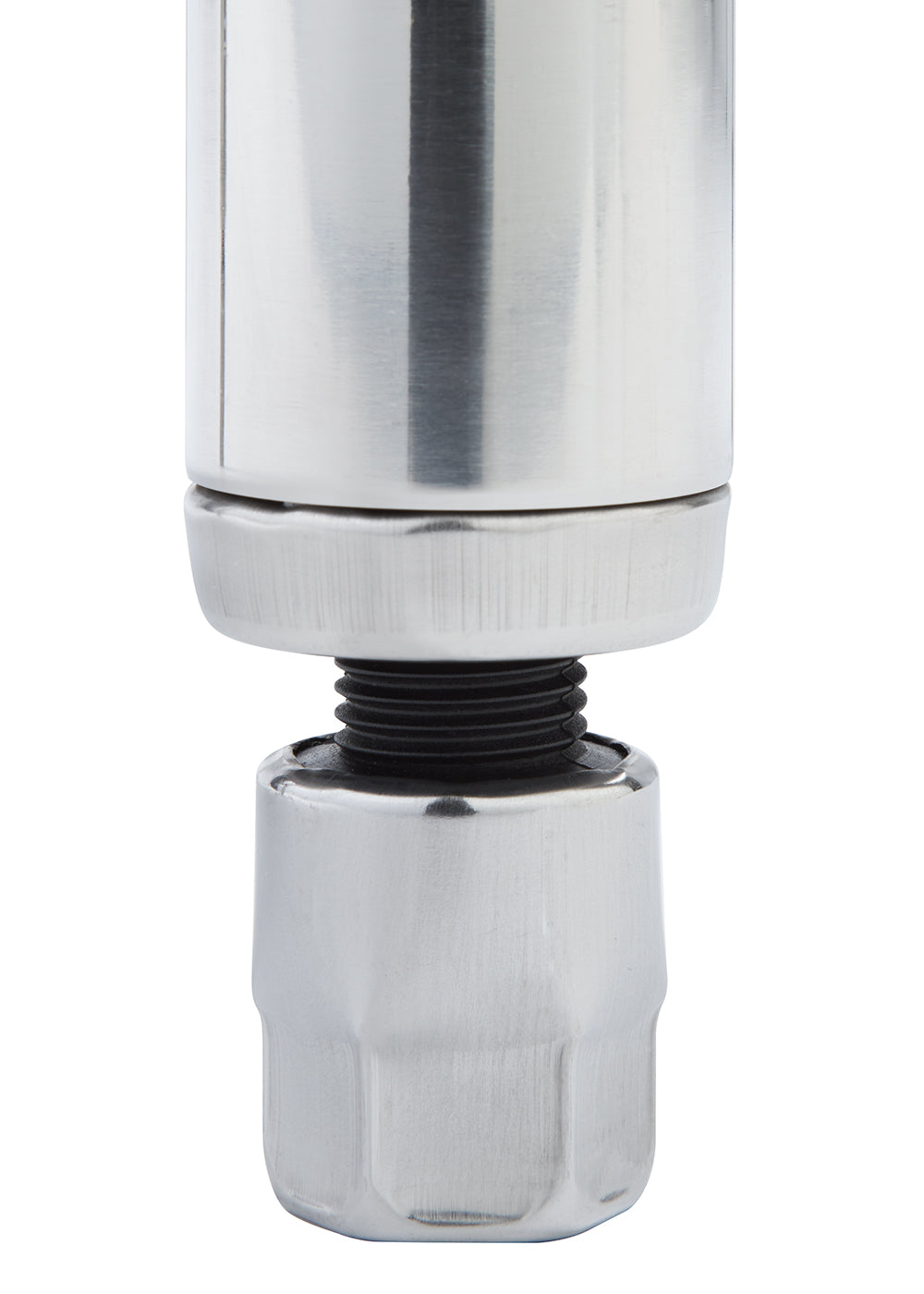 A close-up shows the leg of a prep table with extended feet leveler. It features a threaded black section connecting the upper cylinder to a wider, hexagonal-shaped metal foot.