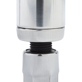 A close-up shows the leg of a prep table with extended feet leveler. It features a threaded black section connecting the upper cylinder to a wider, hexagonal-shaped metal foot.