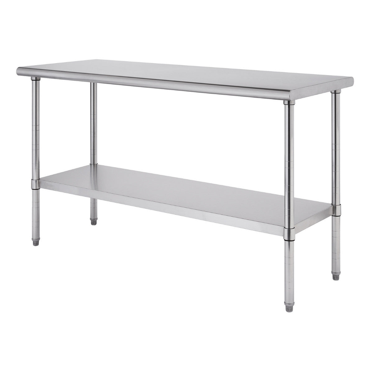 A 60 inch wide, 24 inch deep, and 35 inch tall stainless steel commercial work table with a top surface and a lower shelf is shown against a white background. The table has four cylindrical legs.