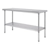 A 60 inch wide, 24 inch deep, and 35 inch tall stainless steel commercial work table with a top surface and a lower shelf is shown against a white background. The table has four cylindrical legs.