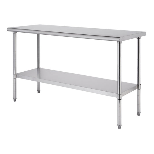 A 60 inch wide, 24 inch deep, and 35 inch tall stainless steel commercial work table with a top surface and a lower shelf is shown against a white background. The table has four cylindrical legs.