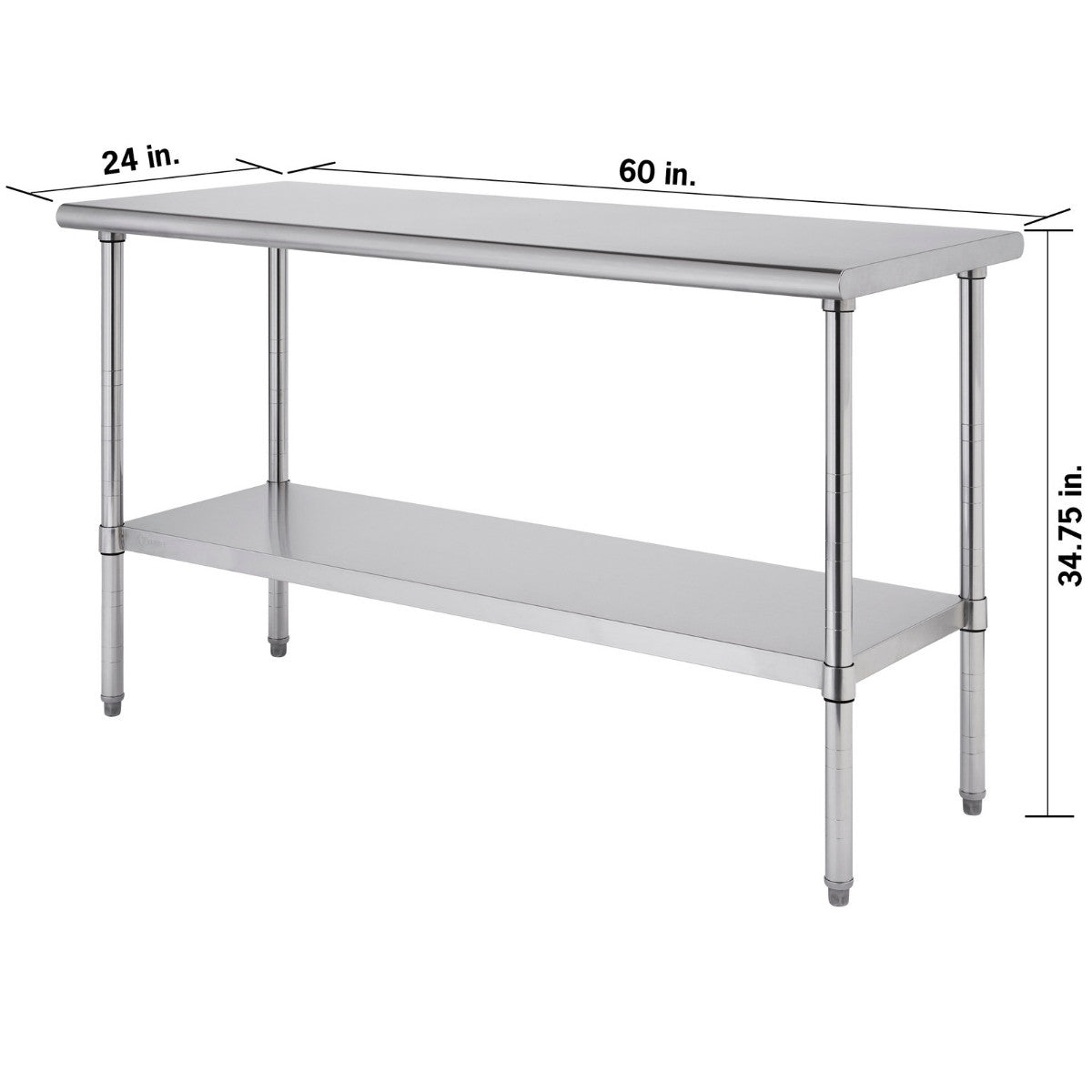 A three-quarter view of a stainless steel utility table with two shelves is shown against a white background. Dimensions are overlaid on the image, indicating the tabletop is 60 inches wide and 24 inches deep, and the total height of the table is 35 inches.