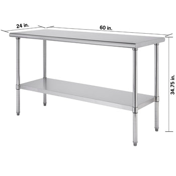 A three-quarter view of a stainless steel utility table with two shelves is shown against a white background. Dimensions are overlaid on the image, indicating the tabletop is 60 inches wide and 24 inches deep, and the total height of the table is 35 inches.