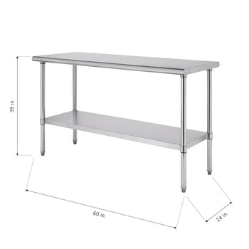 A professional-grade, stainless steel work table with a top surface and an adjustable lower shelf. The table is 60 inches long, 24 inches deep, and 35 inches tall.