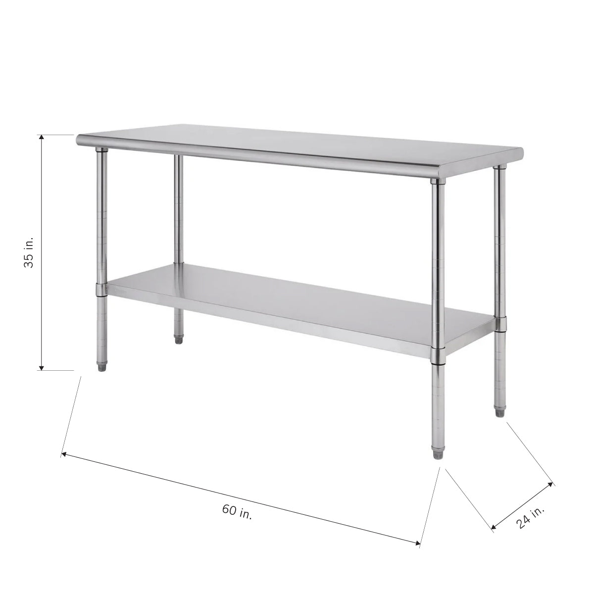 A professional-grade, stainless steel work table with a top surface and an adjustable lower shelf. The table is 60 inches long, 24 inches deep, and 35 inches tall.