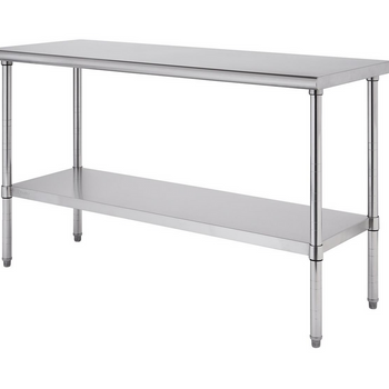 A 60x24x35 stainless steel prep table with two tiers stands against a white background. The table has a rectangular top, four cylindrical legs, and a lower shelf of the same material.
