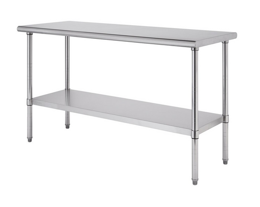 A 60x24x35 stainless steel prep table with two tiers stands against a white background. The table has a rectangular top, four cylindrical legs, and a lower shelf of the same material.