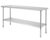 A 72 inch wide, 24 inch deep, and 35 inch tall stainless steel commercial prep table with a top surface and an additional shelf below stands on four cylindrical legs. The table is shown against a white background.