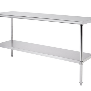 A 72 inch wide, 24 inch deep, and 35 inch tall stainless steel commercial prep table with a top surface and an additional shelf below stands on four cylindrical legs. The table is shown against a white background.