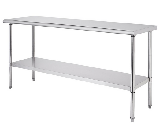 A 72 inch wide, 24 inch deep, and 35 inch tall stainless steel commercial prep table with a top surface and an additional shelf below stands on four cylindrical legs. The table is shown against a white background.