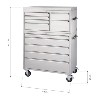 A shiny metal toolbox on wheels with a top chest and a bottom rolling cabinet. The overall dimensions are labeled: 61.1 inches tall, 43 inches wide, and the top of the rolling cabinet is 25 inches from the ground.