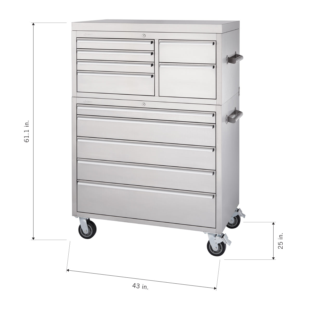 A shiny metal toolbox on wheels with a top chest and a bottom rolling cabinet. The overall dimensions are labeled: 61.1 inches tall, 43 inches wide, and the top of the rolling cabinet is 25 inches from the ground.